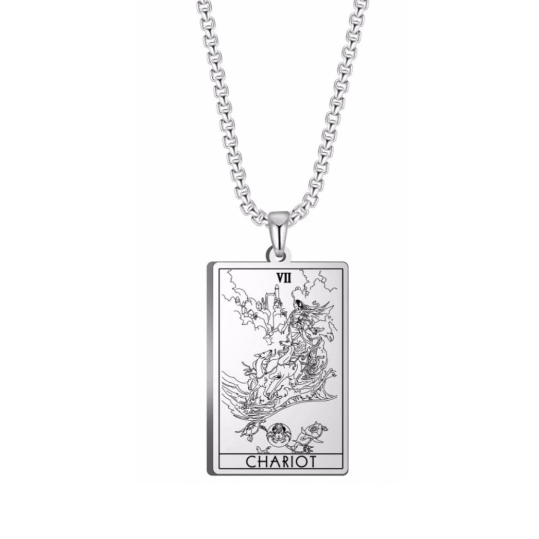 Tarot card pendant with 'Chariot' on a silver chain against a white background