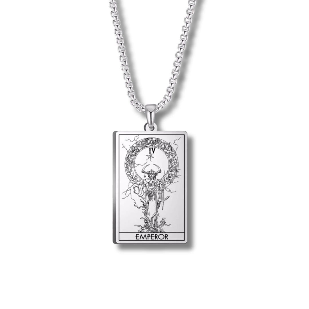 Silver necklace with a tarot card pendant on a white background