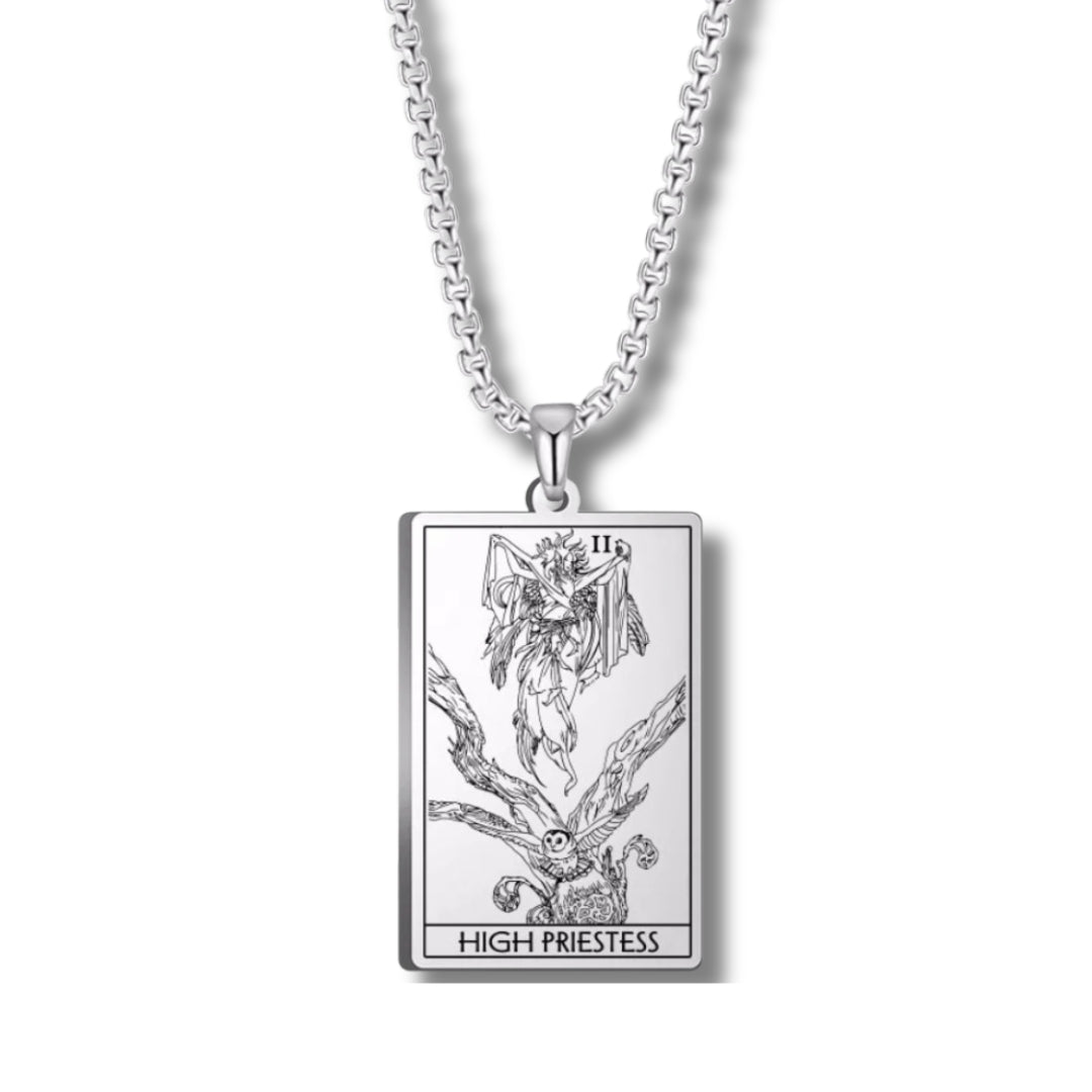 Silver necklace with a tarot card pendant on a white background