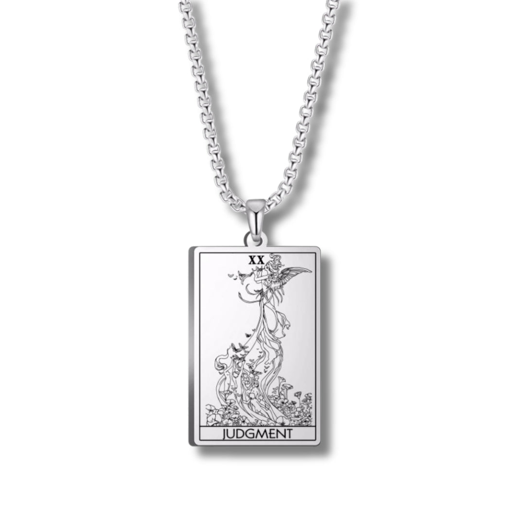 Silver tarot card pendant necklace on a white background