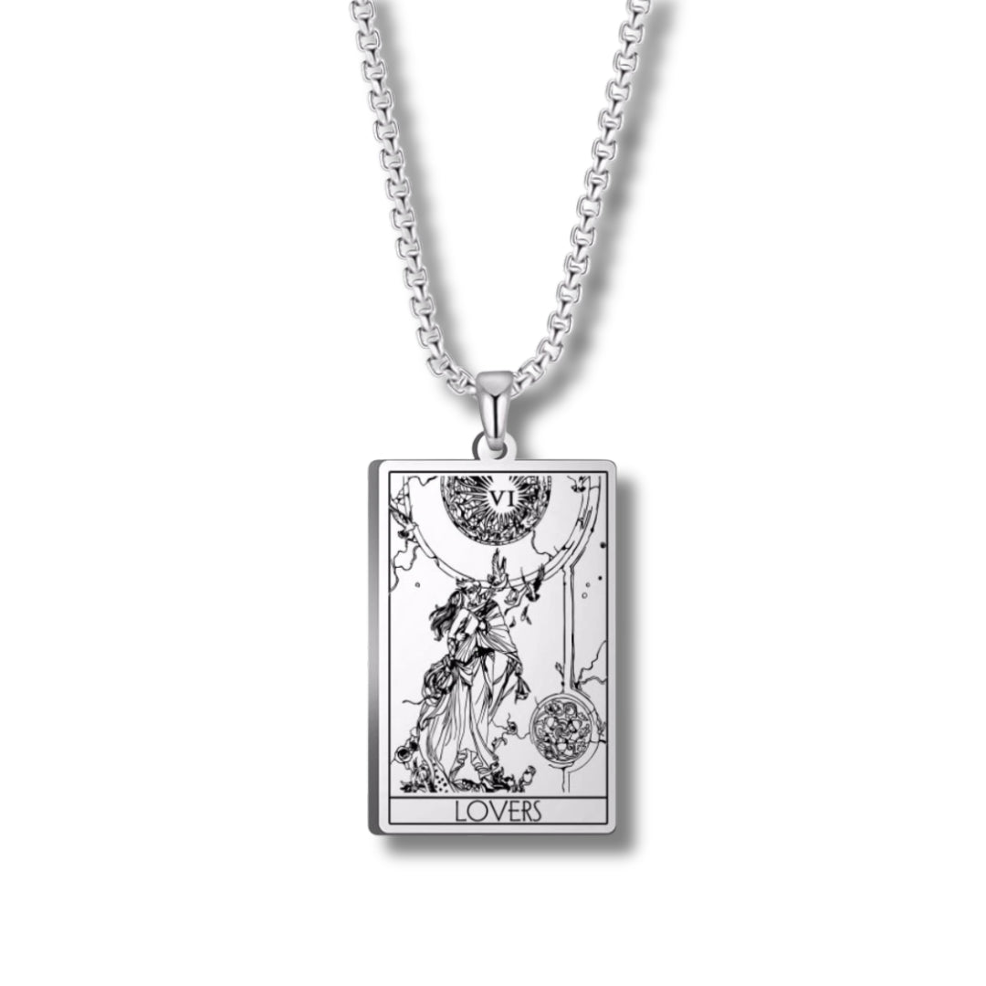 Silver necklace with a tarot card pendant on a white background