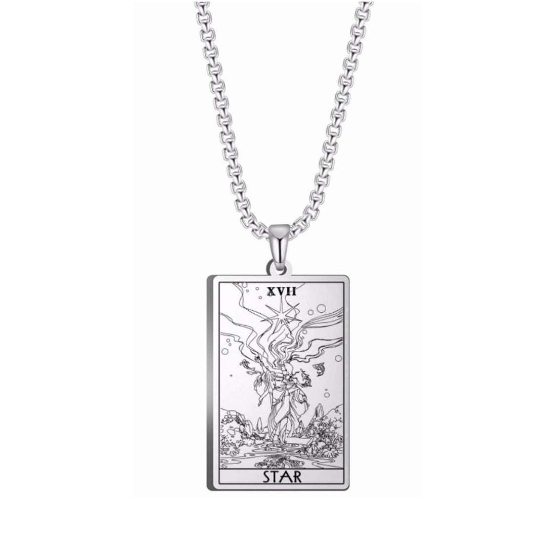 Silver necklace with a tarot card pendant on a white background