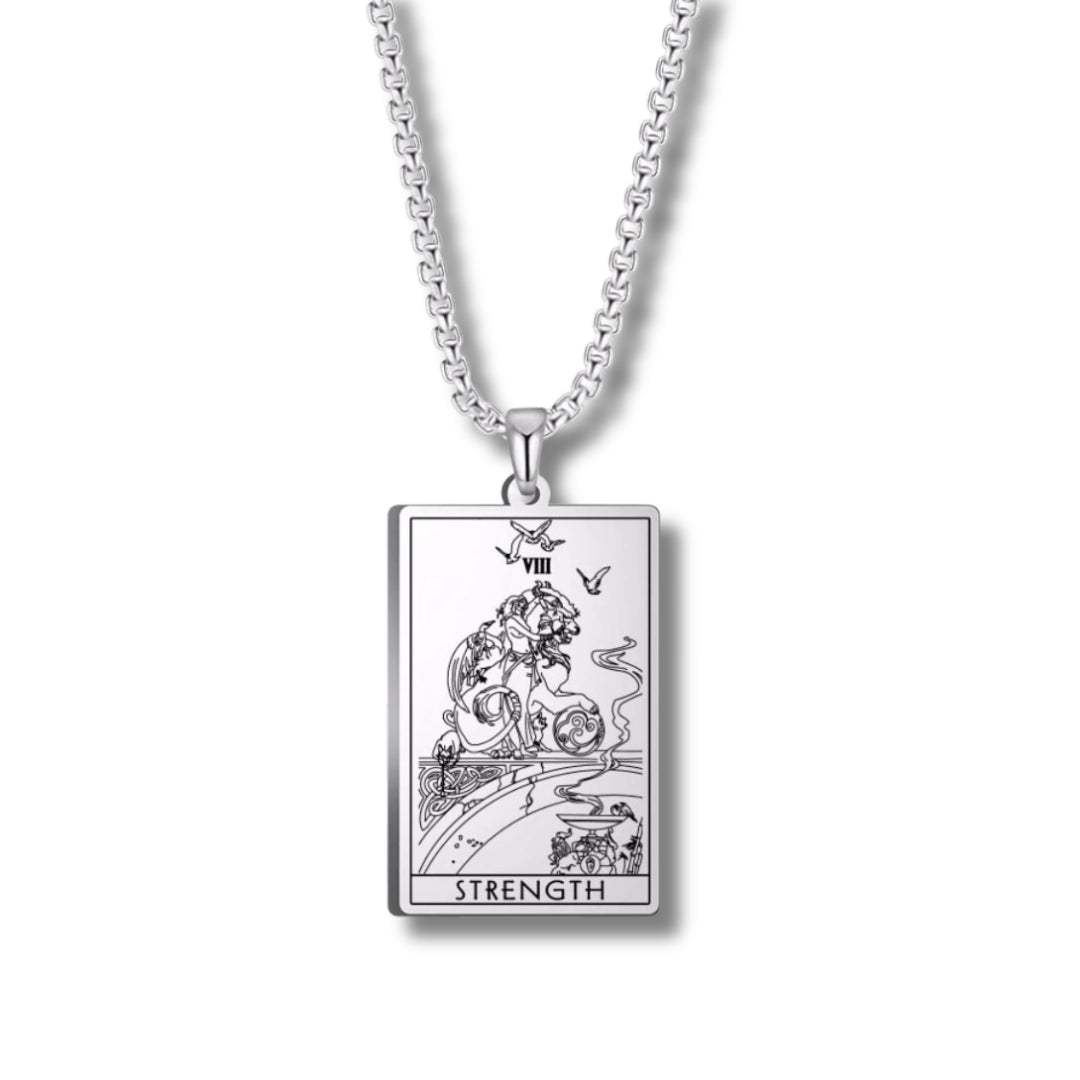 Silver 'Strength' tarot card pendant necklace on a white background