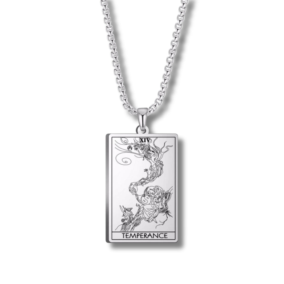 Silver 'Temperance' tarot card pendant on a chain against a white background