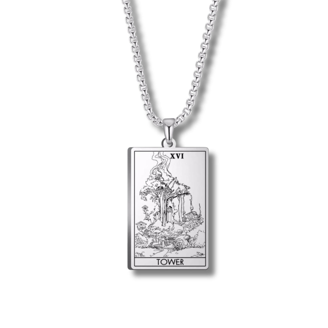 Silver pendant with Tarot card design on a white background