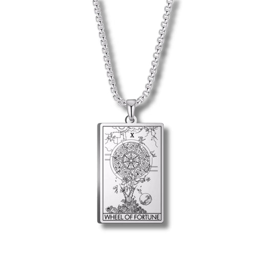 Silver necklace with 'Wheel of Fortune' pendant on a white background