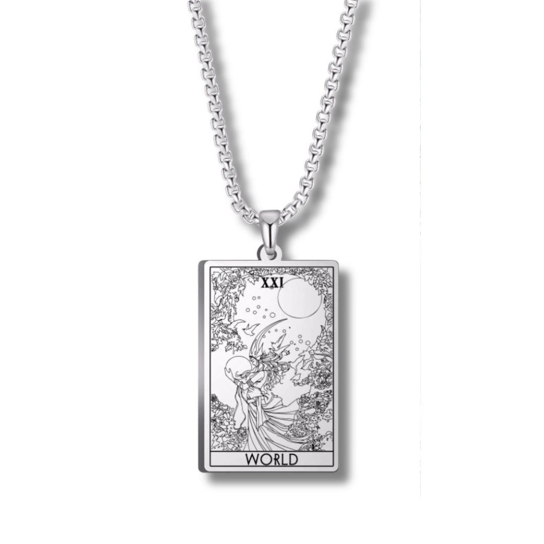 Silver necklace with a tarot card pendant on a white background